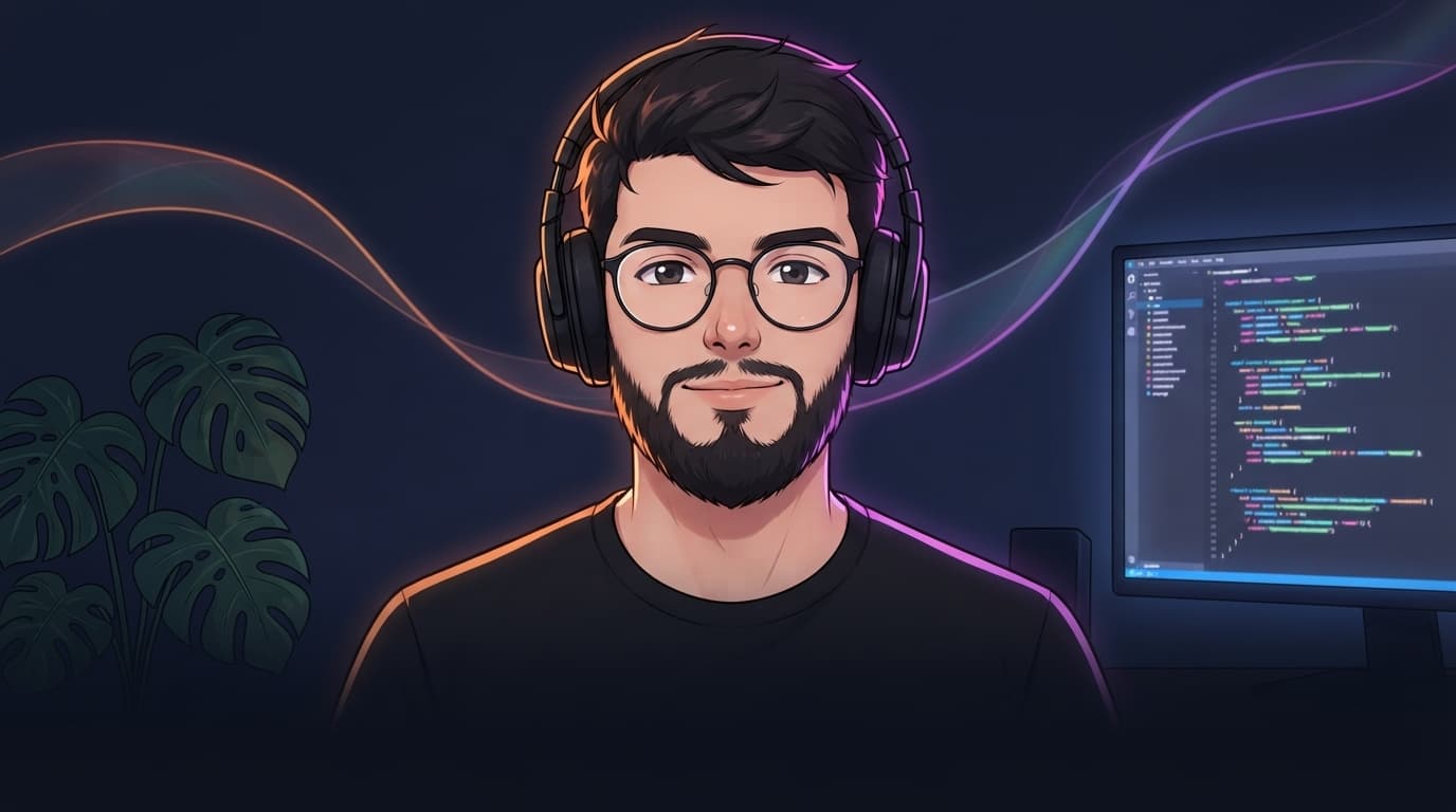 Illustration of Gabriel coding at his desk, headphones on